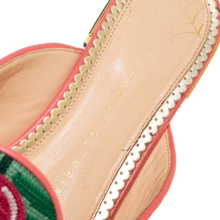 Pre Owned Charlotte Olympia Green/Pink Flamingo Embroidered Fabric Flat Mules Size 40