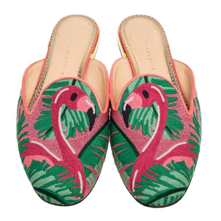 Pre Owned Charlotte Olympia Green/Pink Flamingo Embroidered Fabric Flat Mules Size 40