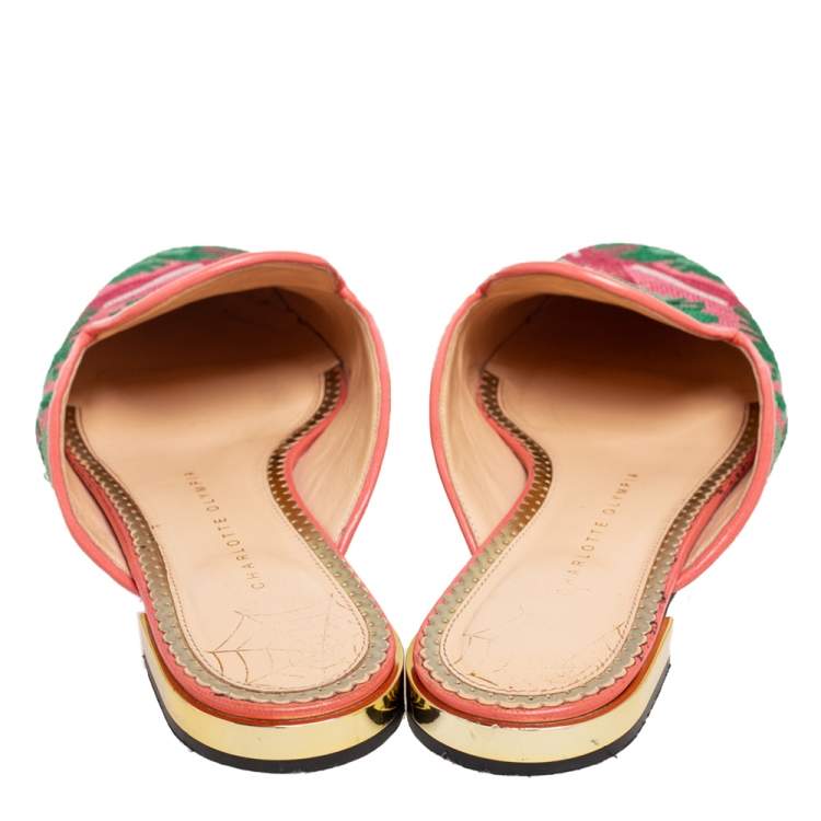 Pre Owned Charlotte Olympia Green/Pink Flamingo Embroidered Fabric Flat Mules Size 40