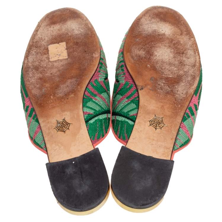 Pre Owned Charlotte Olympia Green/Pink Flamingo Embroidered Fabric Flat Mules Size 40