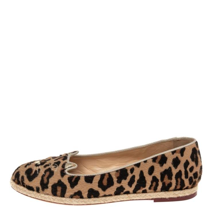 مملوكة مسبقًا Charlotte Olympia Beige/Brown Leopard Print Calf Hair  Espadrille Flats Size 38