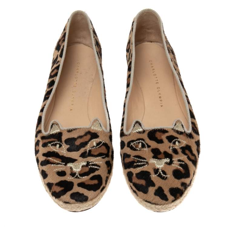 مملوكة مسبقًا Charlotte Olympia Beige/Brown Leopard Print Calf Hair  Espadrille Flats Size 38