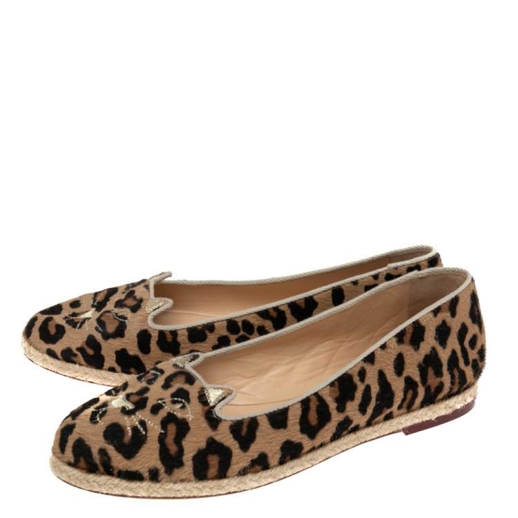 مملوكة مسبقًا Charlotte Olympia Beige/Brown Leopard Print Calf Hair  Espadrille Flats Size 38