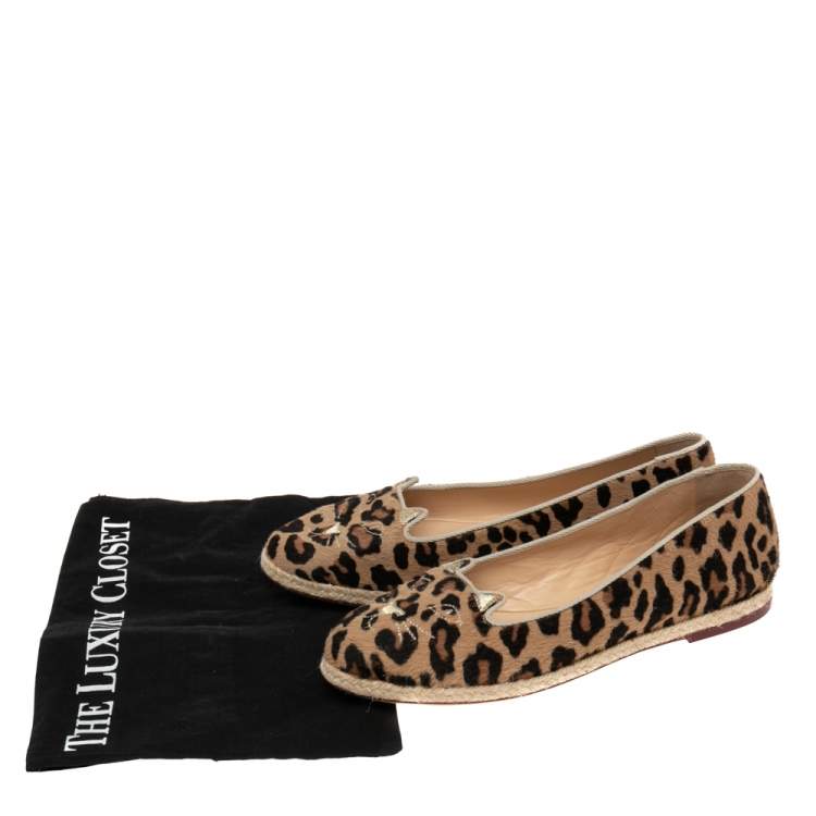 مملوكة مسبقًا Charlotte Olympia Beige/Brown Leopard Print Calf Hair  Espadrille Flats Size 38
