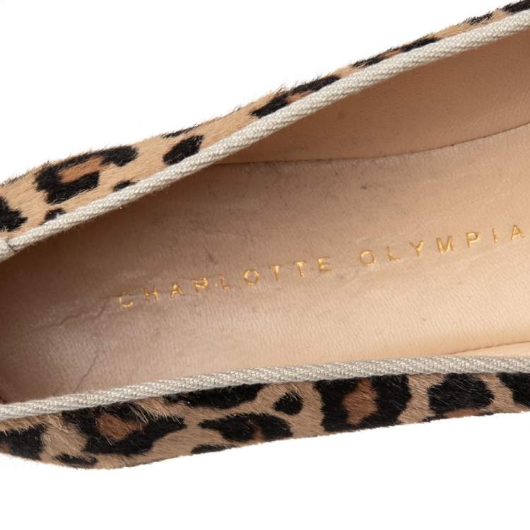 مملوكة مسبقًا Charlotte Olympia Beige/Brown Leopard Print Calf Hair  Espadrille Flats Size 38