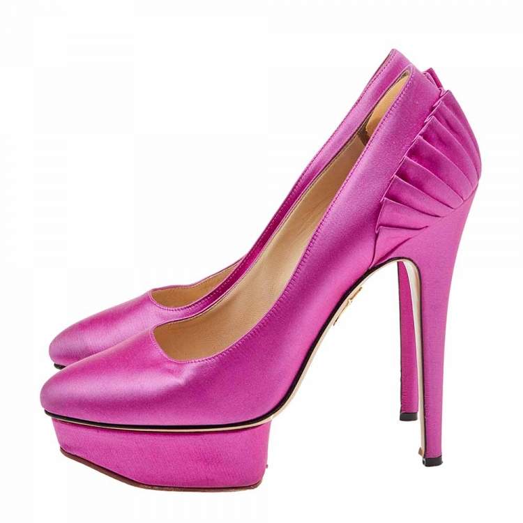 Pre Owned Charlotte Olympia Pink Satin Paloma Fan Pleat Platform Pumps Size 38.5 