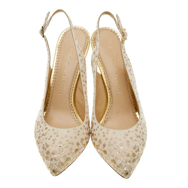 Pre Owned Charlotte Olympia Ivory Canvas Embroidered Slingback Sandals Size 41