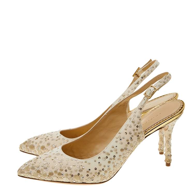 Pre Owned Charlotte Olympia Ivory Canvas Embroidered Slingback Sandals Size 41