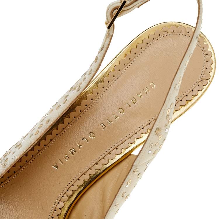 Pre Owned Charlotte Olympia Ivory Canvas Embroidered Slingback Sandals Size 41