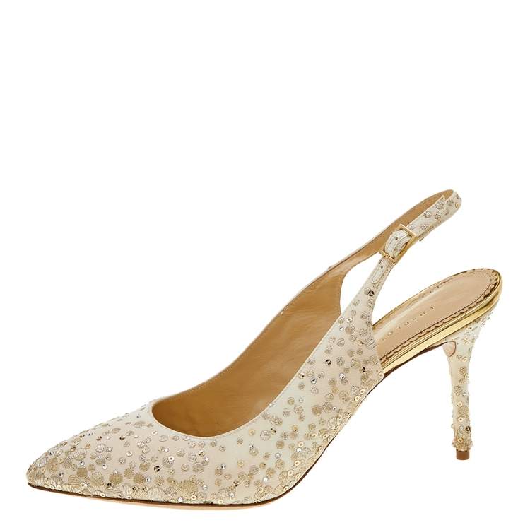 Pre Owned Charlotte Olympia Ivory Canvas Embroidered Slingback Sandals Size 41