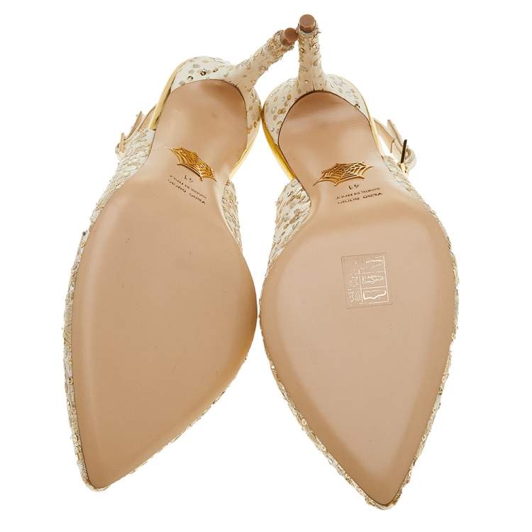 Pre Owned Charlotte Olympia Ivory Canvas Embroidered Slingback Sandals Size 41