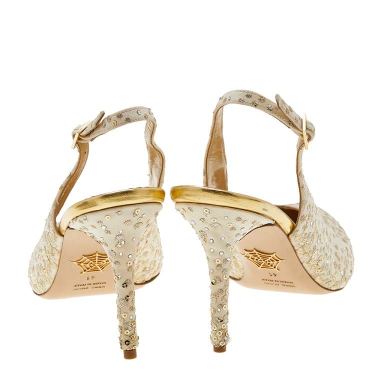 Pre Owned Charlotte Olympia Ivory Canvas Embroidered Slingback Sandals Size 41
