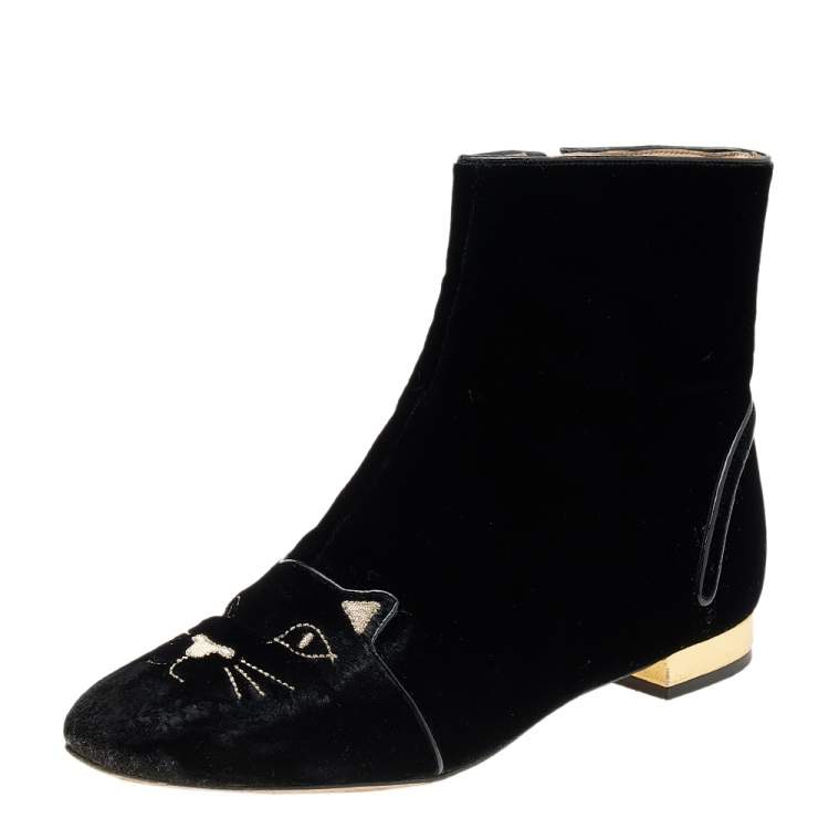 Pre Owned Charlotte Olympia Black Velvet Cat Embroidered Ankle Boots Size 39