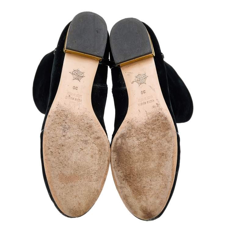 Pre Owned Charlotte Olympia Black Velvet Cat Embroidered Ankle Boots Size 39