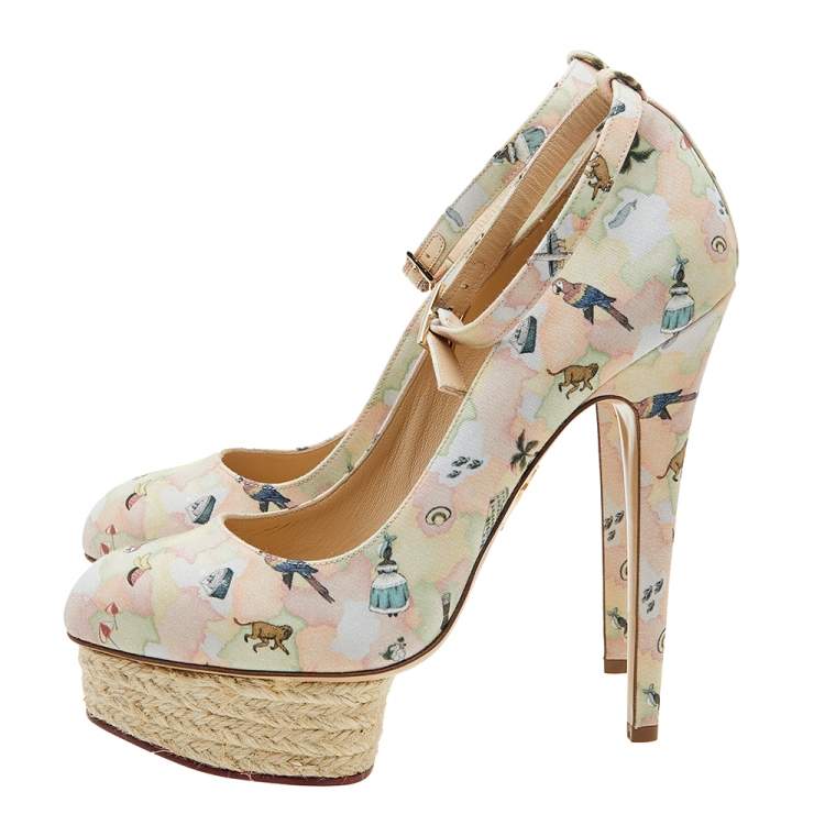 Pre Owned Charlotte Olympia Multicolor Discover Brazil Print Canvas Dolores Ankle Strap Platform Pumps Size 39