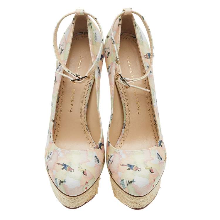 Pre Owned Charlotte Olympia Multicolor Discover Brazil Print Canvas Dolores Ankle Strap Platform Pumps Size 39