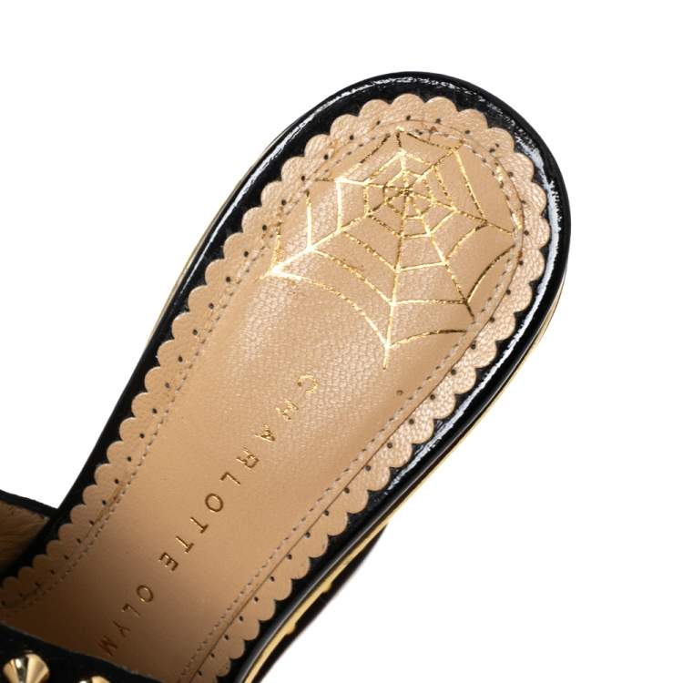 مملوكة مسبقًا Charlotte Olympia Black Suede Gail Floral Embroidered Open Toe Wedge Sandals Size 36