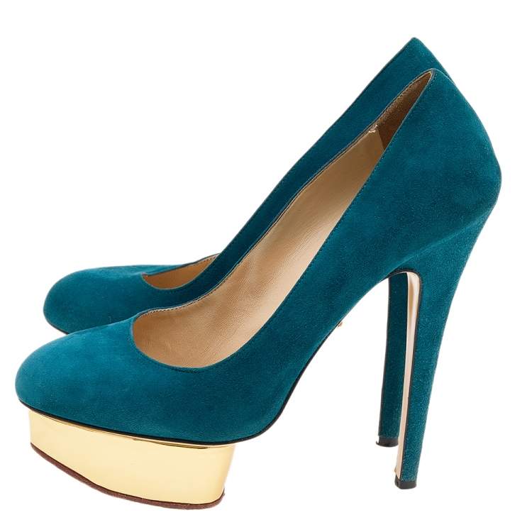 Pre Owned Charlotte Olympia Teal Blue Suede Dolly Platform Pumps Size 39