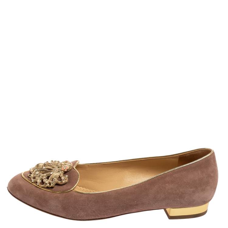 Pre Owned Charlotte Olympia Dusty Pink Suede Zodiac Virgo Ballet Flats Size 38