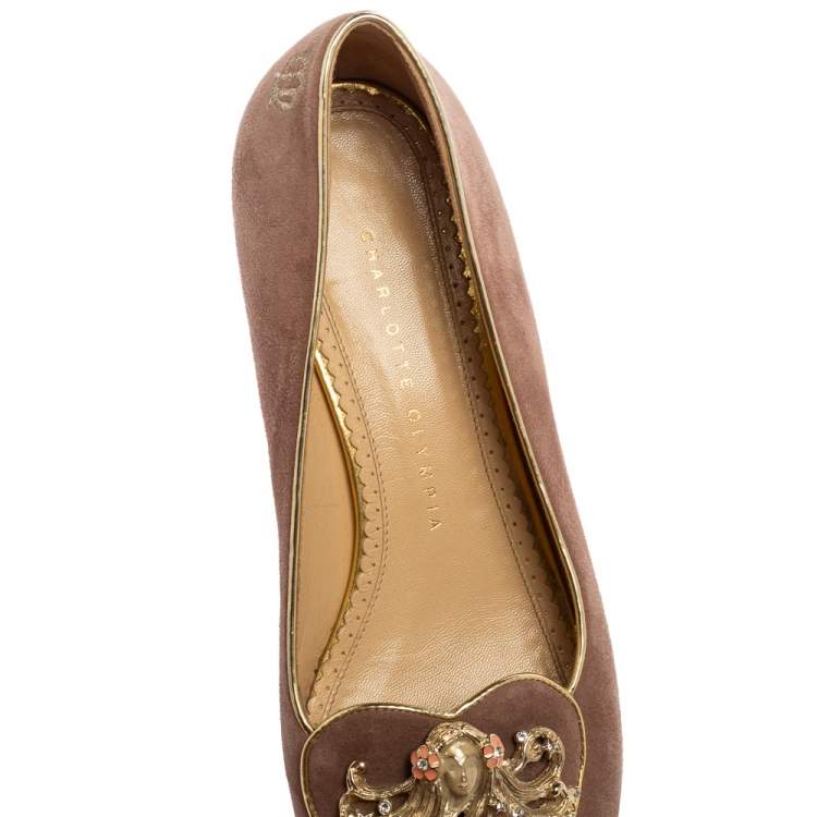 Pre Owned Charlotte Olympia Dusty Pink Suede Zodiac Virgo Ballet Flats Size 38