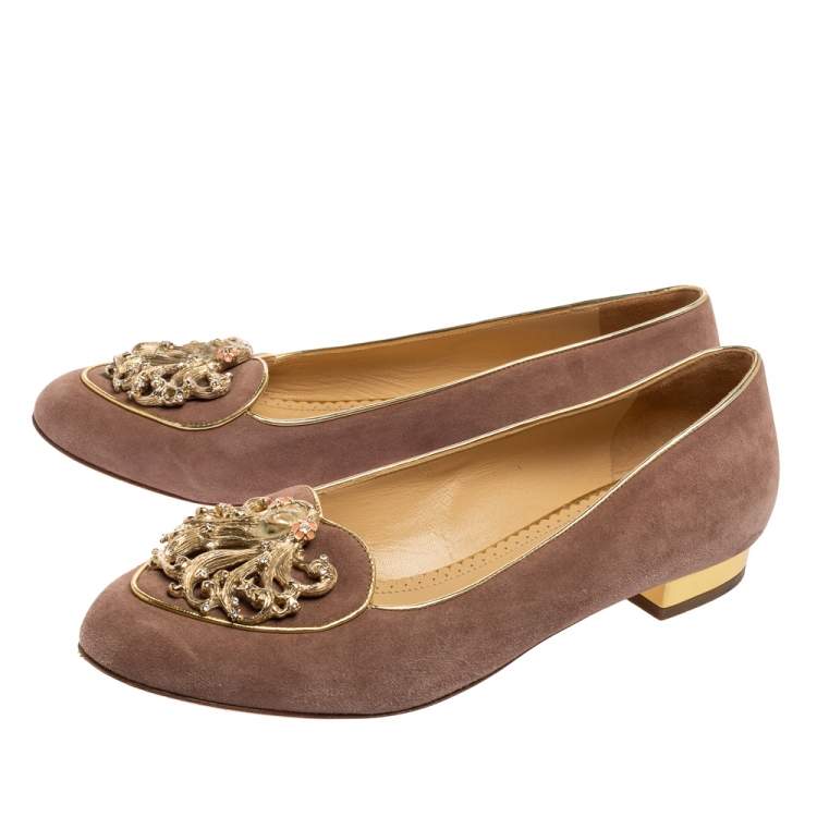 Pre Owned Charlotte Olympia Dusty Pink Suede Zodiac Virgo Ballet Flats Size 38