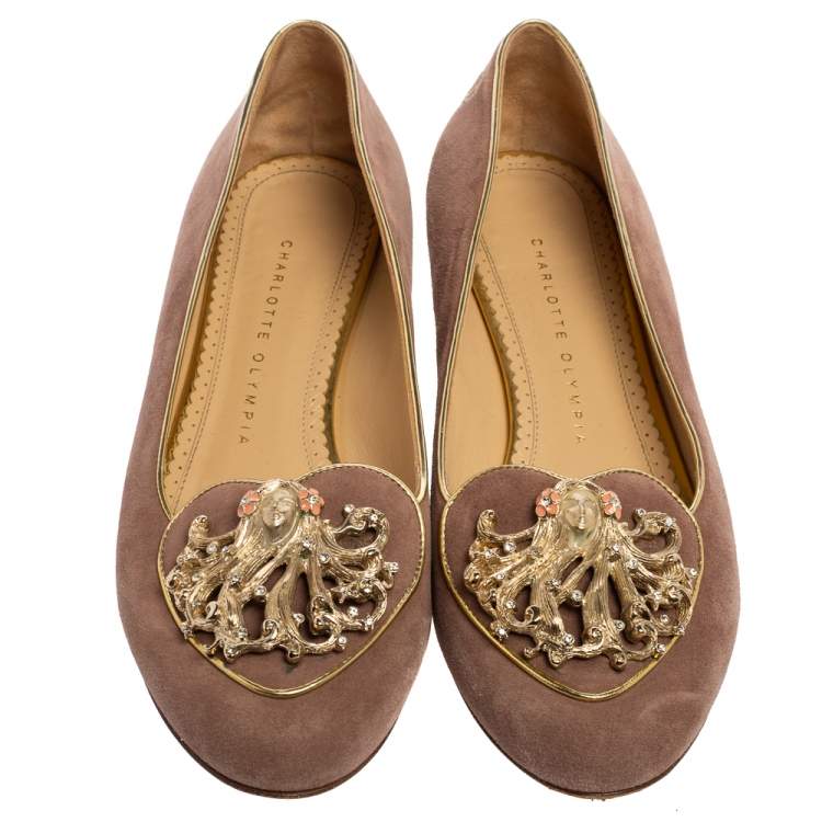 Pre Owned Charlotte Olympia Dusty Pink Suede Zodiac Virgo Ballet Flats Size 38