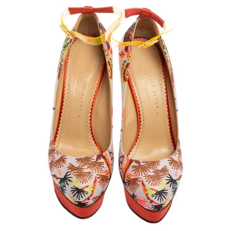 Pre Owned Charlotte Olympia Multicolor Embroidered Fabric Dolly Ankle-Strap Pumps Size 40