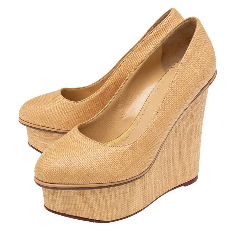 Pre Owned Charlotte Olympia Cream Yellow Raffia Carmen Wedge Platform Pumps Size 37