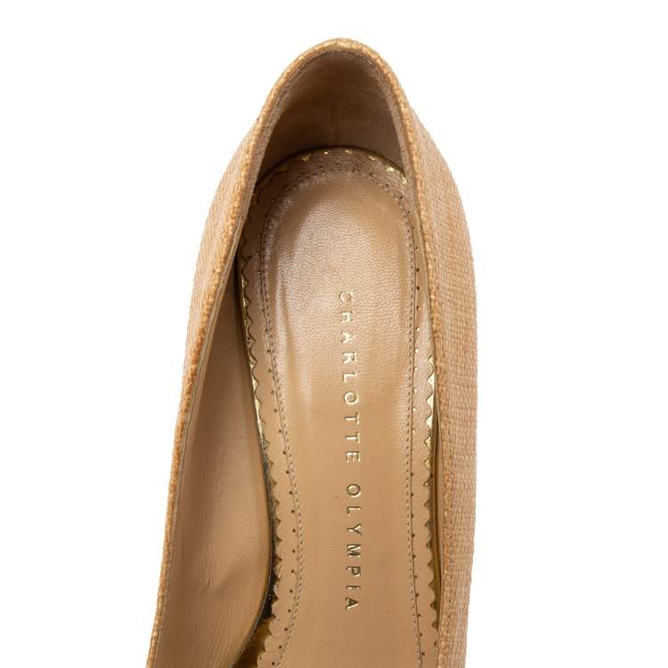 Pre Owned Charlotte Olympia Cream Yellow Raffia Carmen Wedge Platform Pumps Size 37