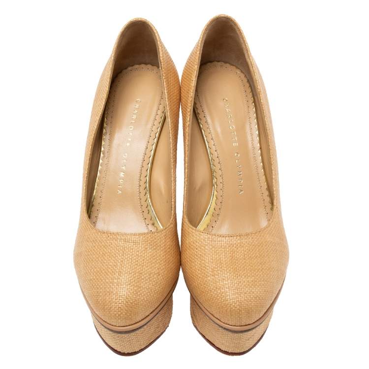Pre Owned Charlotte Olympia Cream Yellow Raffia Carmen Wedge Platform Pumps Size 37