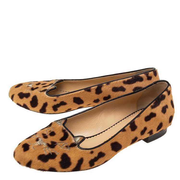Pre Owned  Charlotte Olympia Brown leopard Print  Cat Ballet Flats Size 37.5