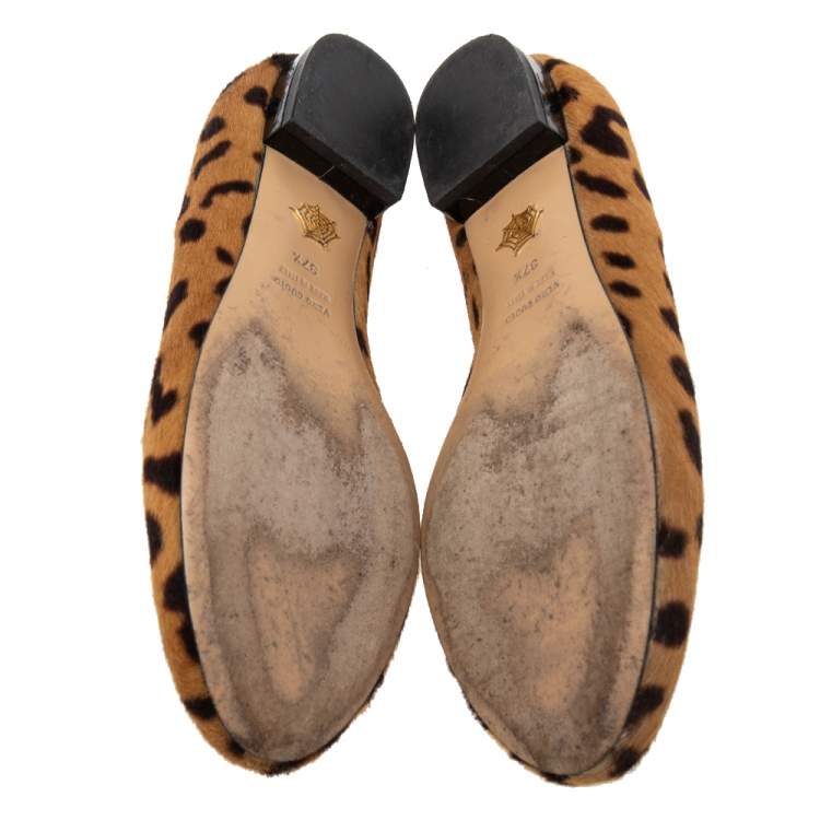 Pre Owned  Charlotte Olympia Brown leopard Print  Cat Ballet Flats Size 37.5