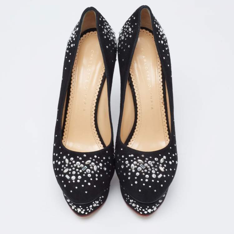 Pre Owned Charlotte Olympia Black Crystal Embellished Suede Dolly Platform Pumps Size 38.5