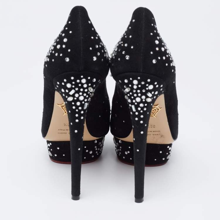 Pre Owned Charlotte Olympia Black Crystal Embellished Suede Dolly Platform Pumps Size 38.5