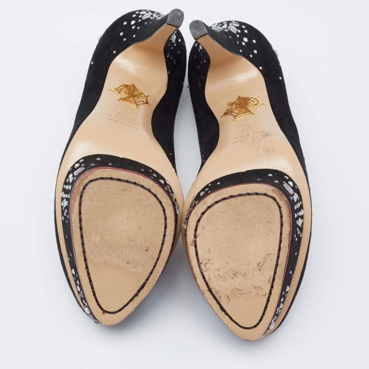 Pre Owned Charlotte Olympia Black Crystal Embellished Suede Dolly Platform Pumps Size 38.5