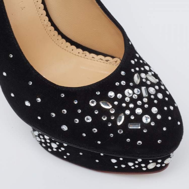 Pre Owned Charlotte Olympia Black Crystal Embellished Suede Dolly Platform Pumps Size 38.5