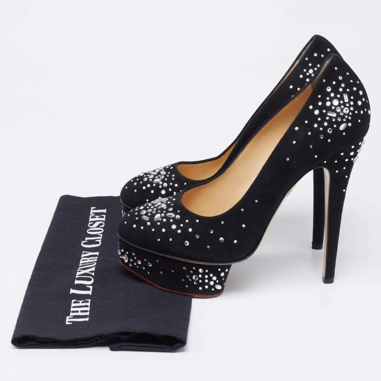 Pre Owned Charlotte Olympia Black Crystal Embellished Suede Dolly Platform Pumps Size 38.5
