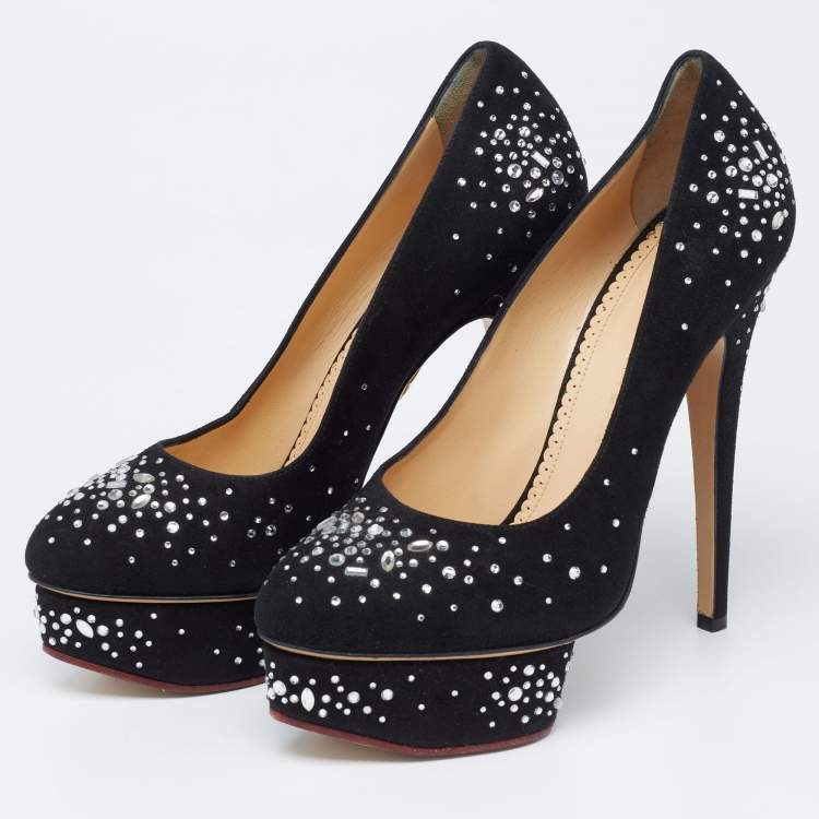 Pre Owned Charlotte Olympia Black Crystal Embellished Suede Dolly Platform Pumps Size 38.5