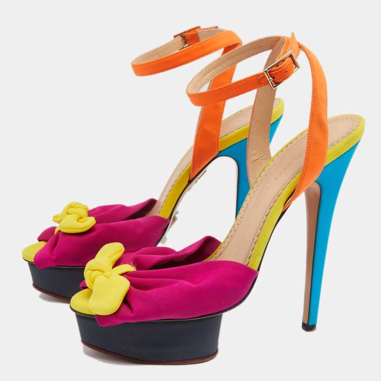 Pre Owned Charlotte Olympia Multicolor Canvas Platform Ankle Strap Sandals Size 39.5