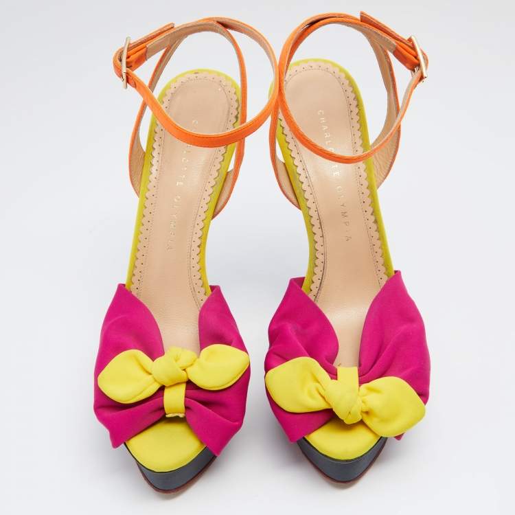 Pre Owned Charlotte Olympia Multicolor Canvas Platform Ankle Strap Sandals Size 39.5