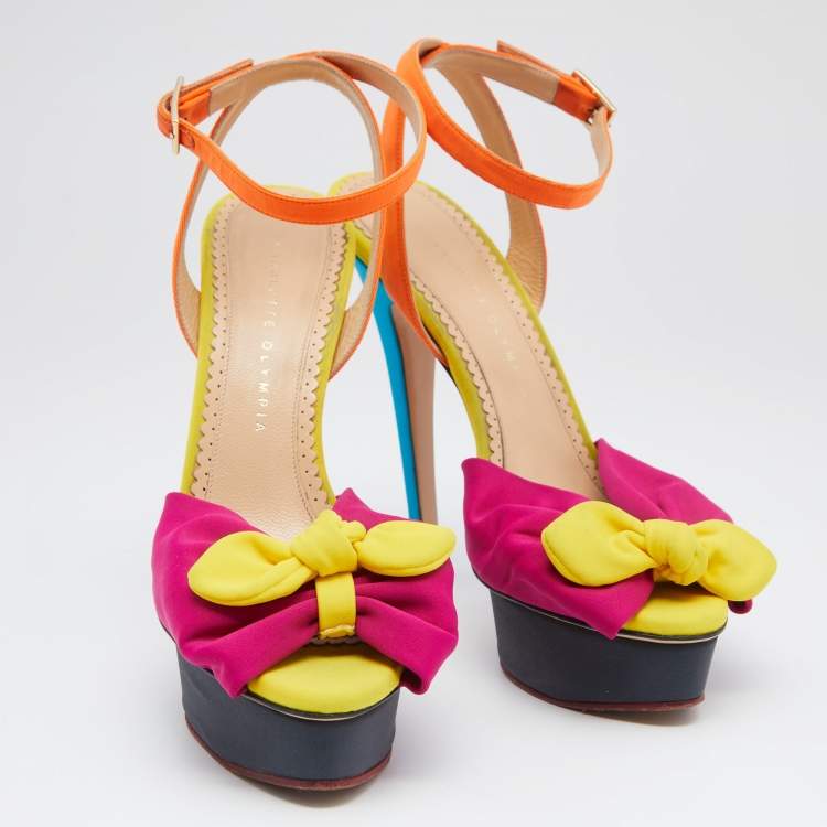 Pre Owned Charlotte Olympia Multicolor Canvas Platform Ankle Strap Sandals Size 39.5