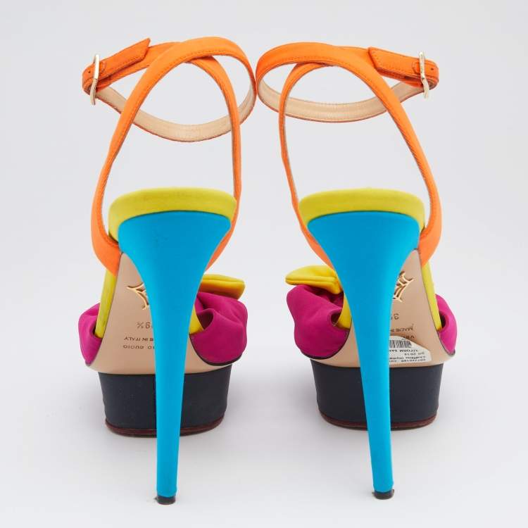 Pre Owned Charlotte Olympia Multicolor Canvas Platform Ankle Strap Sandals Size 39.5