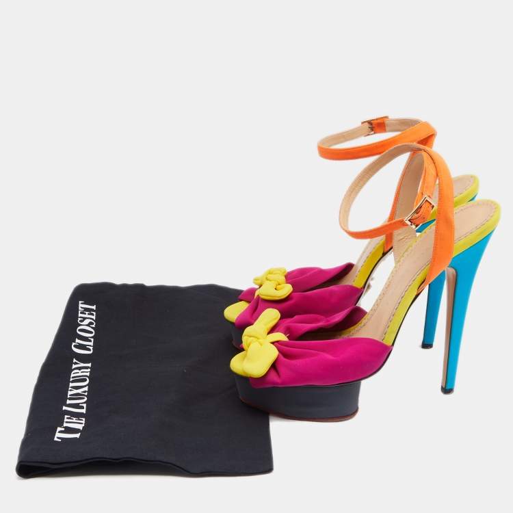 Pre Owned Charlotte Olympia Multicolor Canvas Platform Ankle Strap Sandals Size 39.5