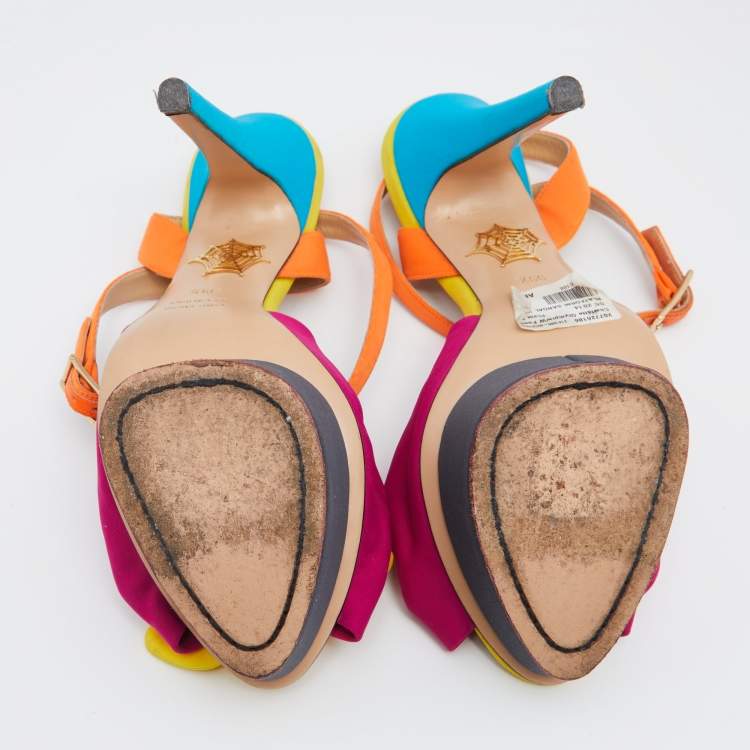 Pre Owned Charlotte Olympia Multicolor Canvas Platform Ankle Strap Sandals Size 39.5