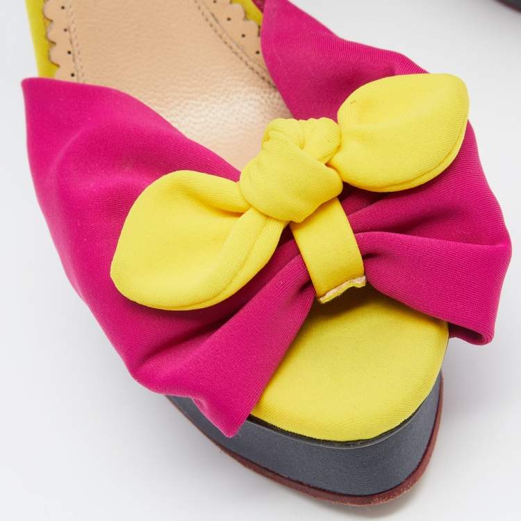 Pre Owned Charlotte Olympia Multicolor Canvas Platform Ankle Strap Sandals Size 39.5