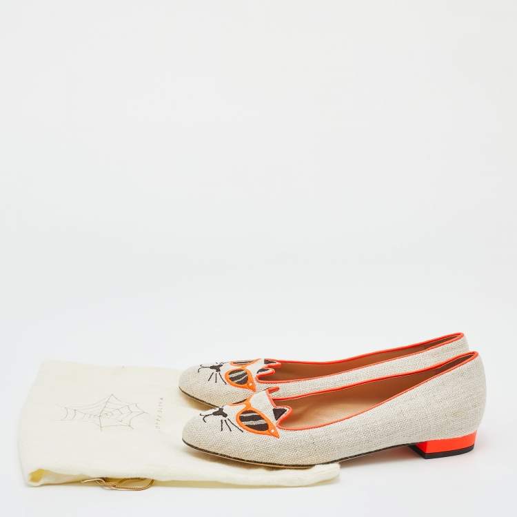 Pre Owned Charlotte Olympia Beige/Orange Canvas Cat Ballet Flats Size 38.5