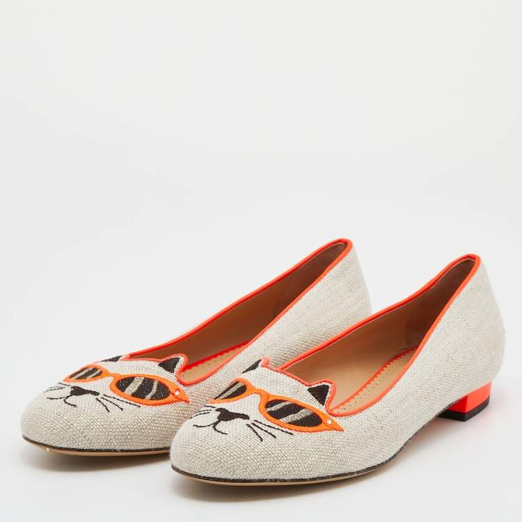 Pre Owned Charlotte Olympia Beige/Orange Canvas Cat Ballet Flats Size 38.5