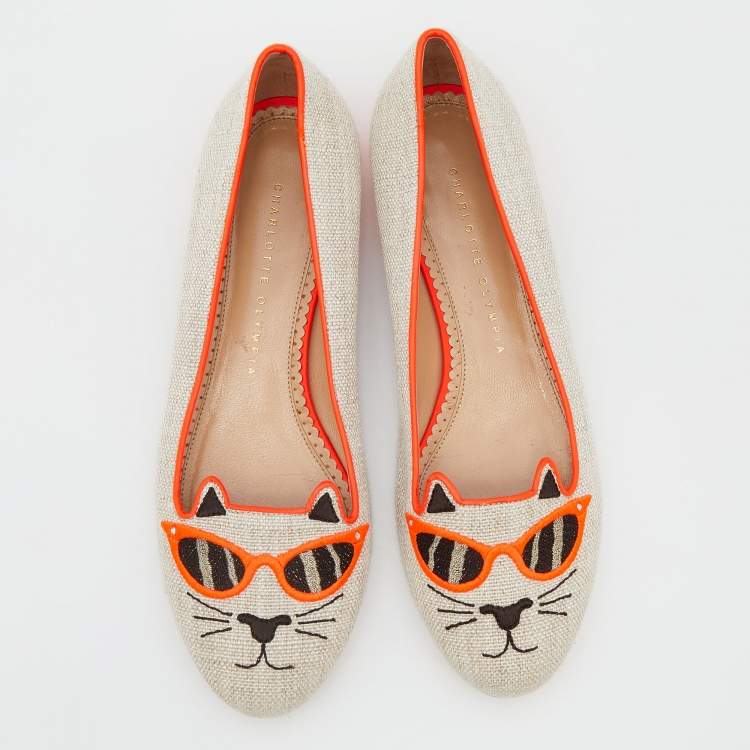 Pre Owned Charlotte Olympia Beige/Orange Canvas Cat Ballet Flats Size 38.5