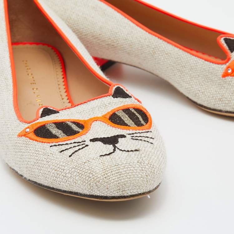 Pre Owned Charlotte Olympia Beige/Orange Canvas Cat Ballet Flats Size 38.5
