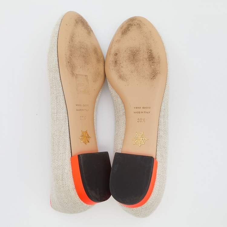 Pre Owned Charlotte Olympia Beige/Orange Canvas Cat Ballet Flats Size 38.5